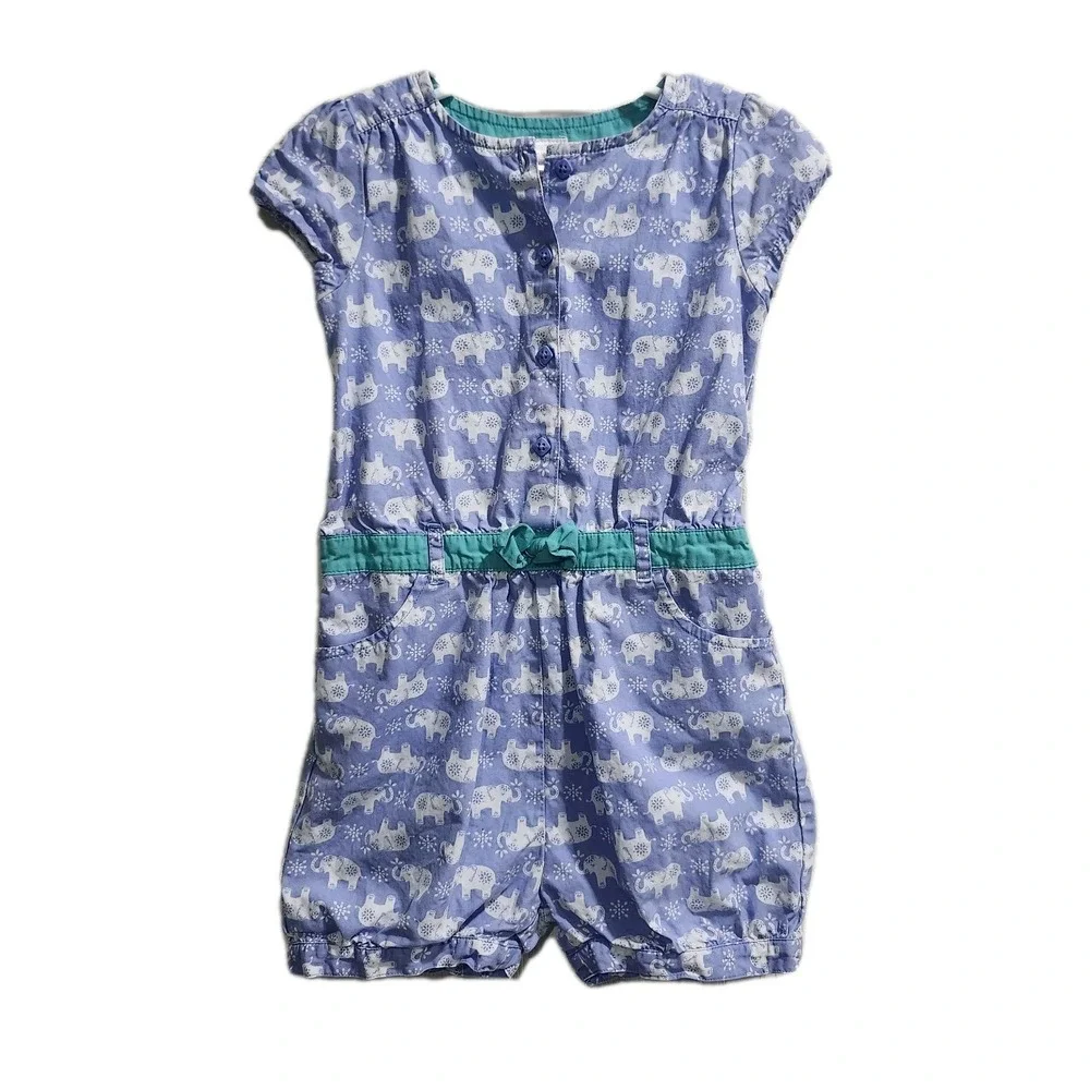 Gymboree Girls Romper 5T Purple Elephant Print 100% Cotton Teal Belt Pockets